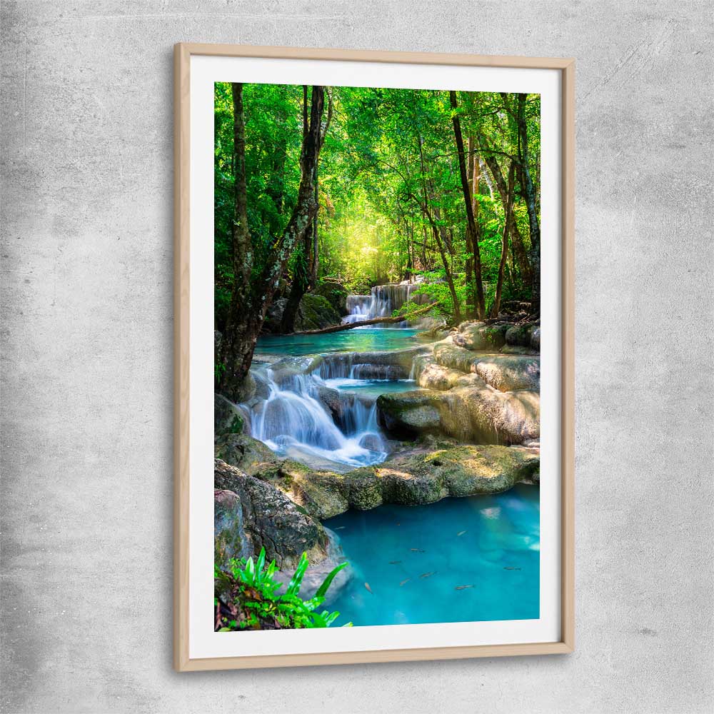 Floral print of Tropical Thailand Waterfall with raw oak glass front frame