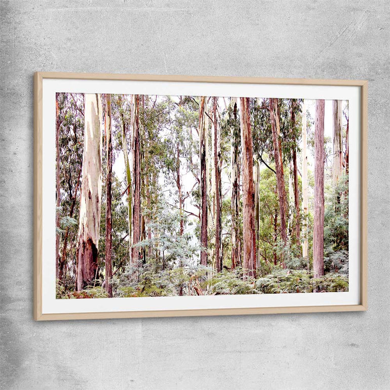 Floral print of Victorian Forest with raw oak glass front frame