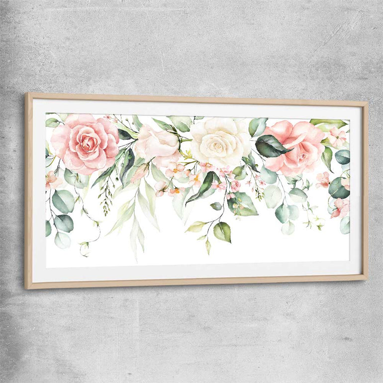 Floral print of Vivid Blossom with raw oak glass front frame