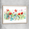 Floral print of Watercolour Red Poppies with raw oak glass front frame