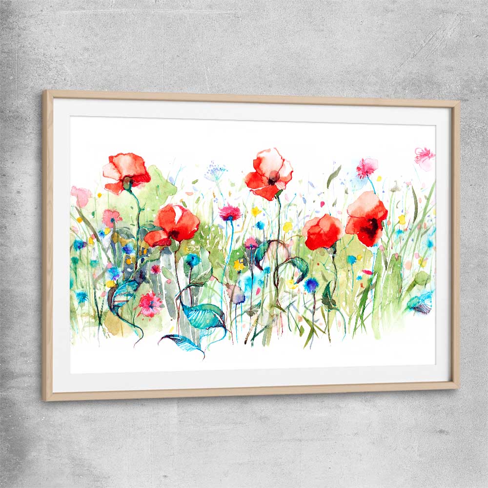 Floral print of Watercolour Red Poppies with raw oak glass front frame