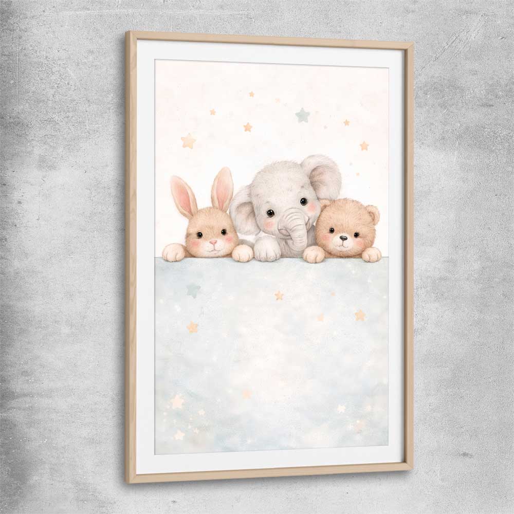 Baby Animal Trio raw oak glass front frame is a nursery canvas wall art and print suited for childrens nursery arean