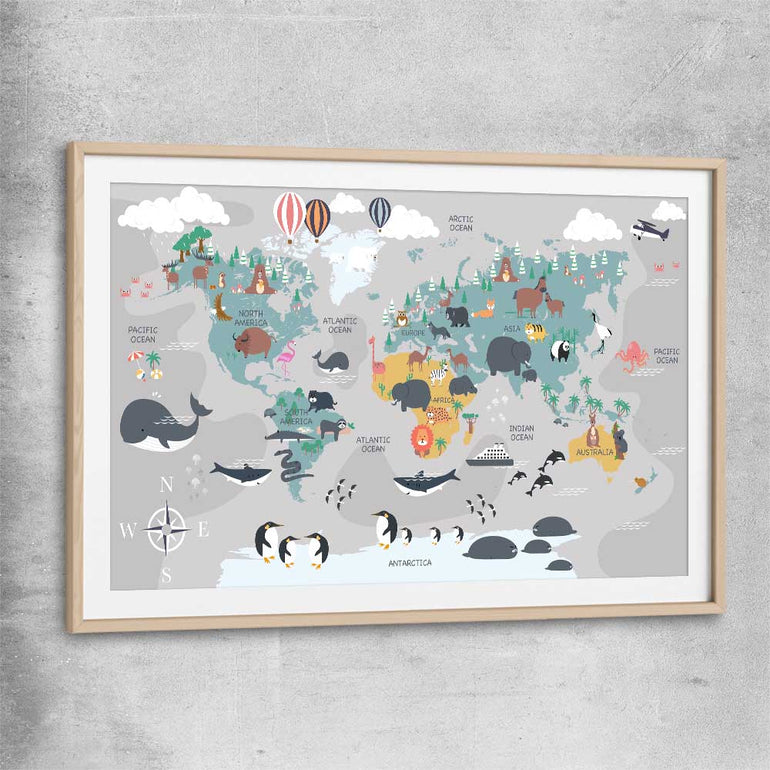 Cartoon World Map raw oak glass front frame is a nursery canvas wall art and print suited for childrens nursery arean