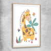 Cheerful Giraffe raw oak glass front frame is a nursery canvas wall art and print suited for childrens nursery arean