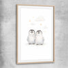 Cute Penguins raw oak glass front frame is a nursery canvas wall art and print suited for childrens nursery arean