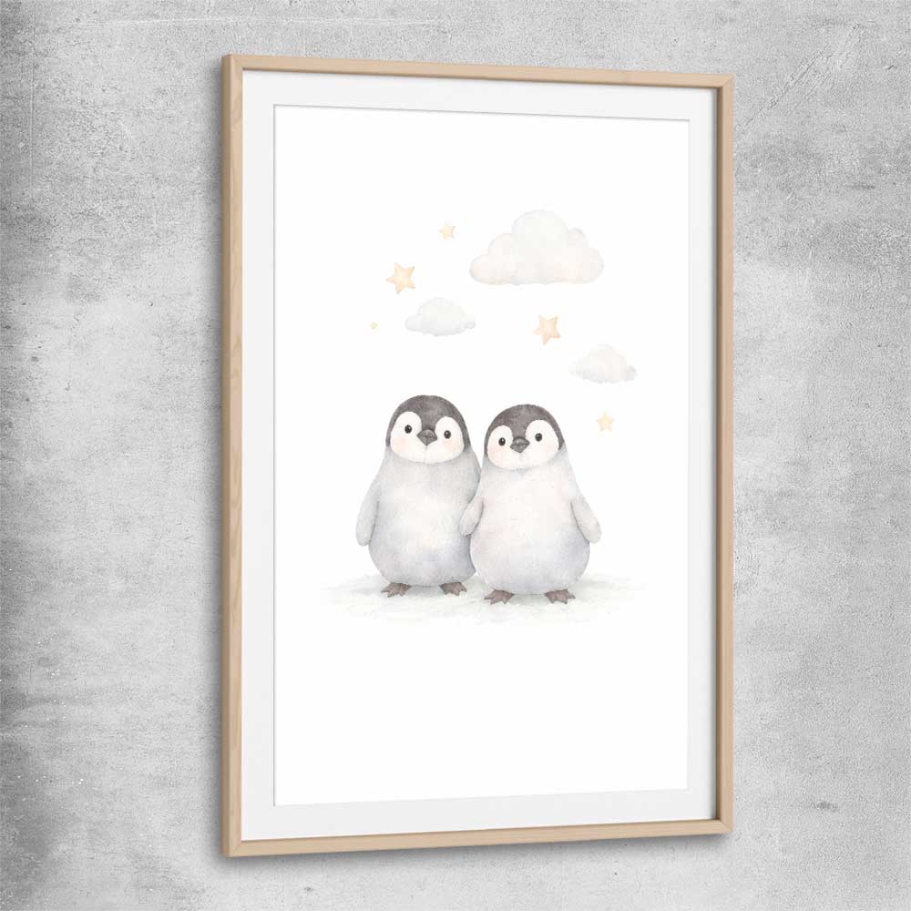 Cute Penguins raw oak glass front frame is a nursery canvas wall art and print suited for childrens nursery arean