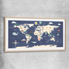 Discovery Map raw oak glass front frame is a nursery canvas wall art and print suited for childrens nursery arean
