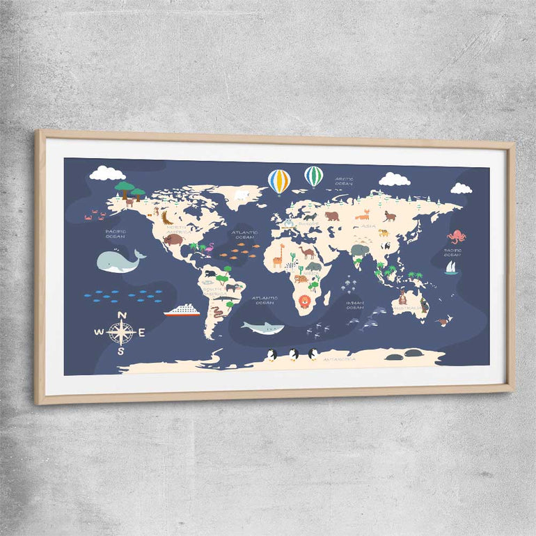 Discovery Map raw oak glass front frame is a nursery canvas wall art and print suited for childrens nursery arean