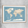 Education Map Blue raw oak glass front frame is a nursery canvas wall art and print suited for childrens nursery arean
