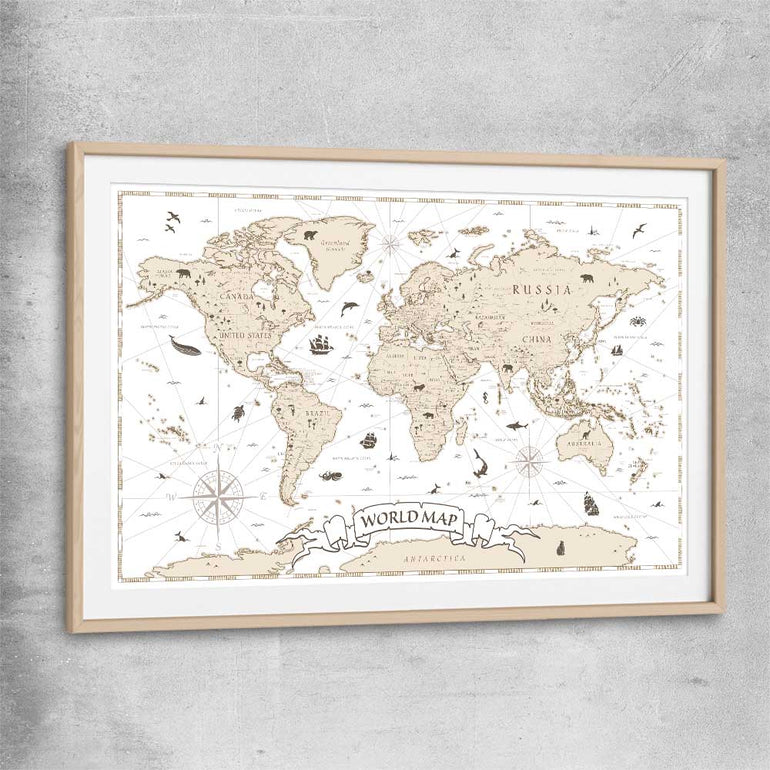 Education Map raw oak glass front frame is a nursery canvas wall art and print suited for childrens nursery arean