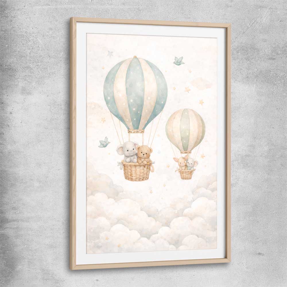 Floating Dreams raw oak glass front frame is a nursery canvas wall art and print suited for childrens nursery arean