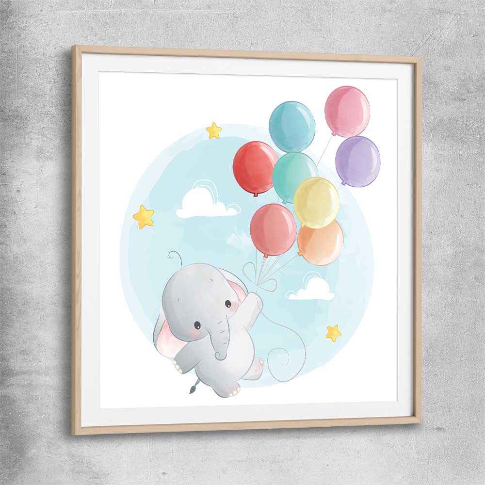 Flying Baby Elephant raw oak glass front frame is a nursery canvas wall art and print suited for childrens nursery arean