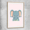 Friendly Elephant raw oak glass front frame is a nursery canvas wall art and print suited for childrens nursery arean