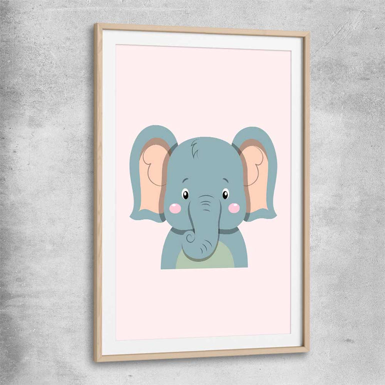 Friendly Elephant raw oak glass front frame is a nursery canvas wall art and print suited for childrens nursery arean