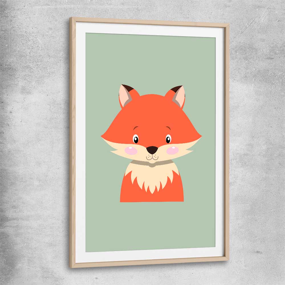 Friendly Fox raw oak glass front frame is a nursery canvas wall art and print suited for childrens nursery arean