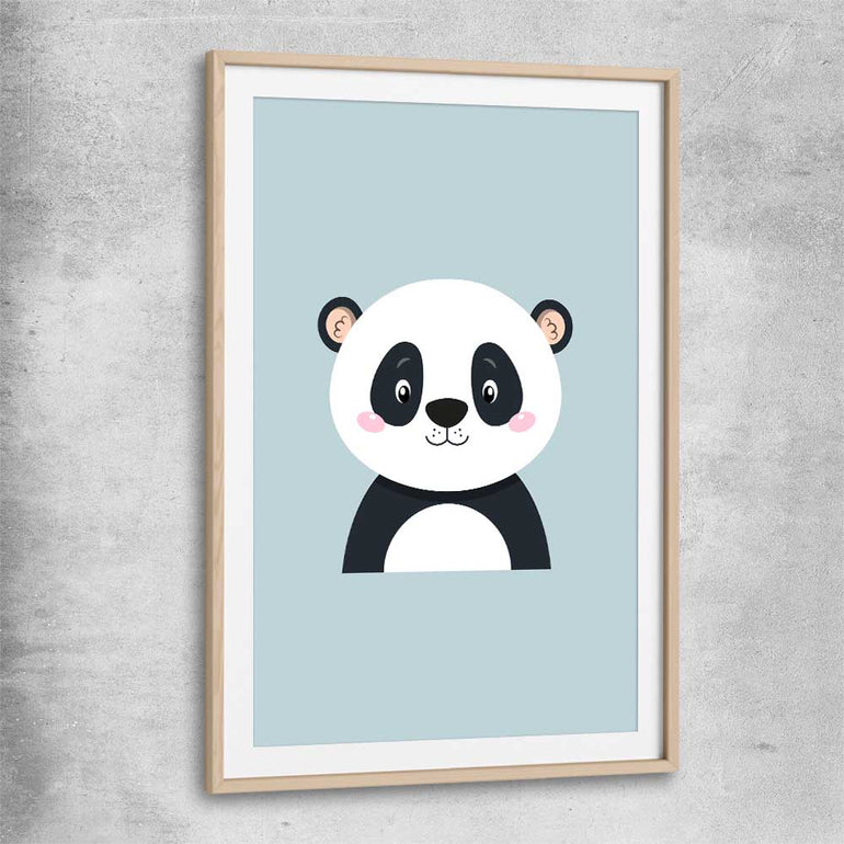 Friendly Panda raw oak glass front frame is a nursery canvas wall art and print suited for childrens nursery arean