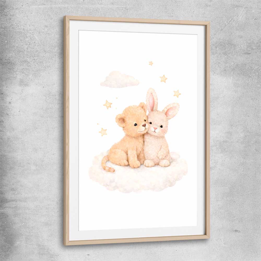 Hugs of Happiness raw oak glass front frame is a nursery canvas wall art and print suited for childrens nursery arean