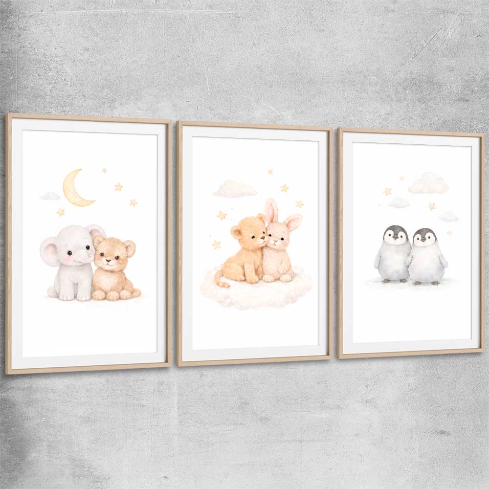 Moonlight Companions Set raw oak glass front frame is a nursery canvas wall art and print suited for childrens nursery arean