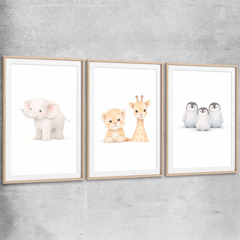 Little Animals Set raw oak glass front frame is a nursery canvas wall art and print suited for childrens nursery arean