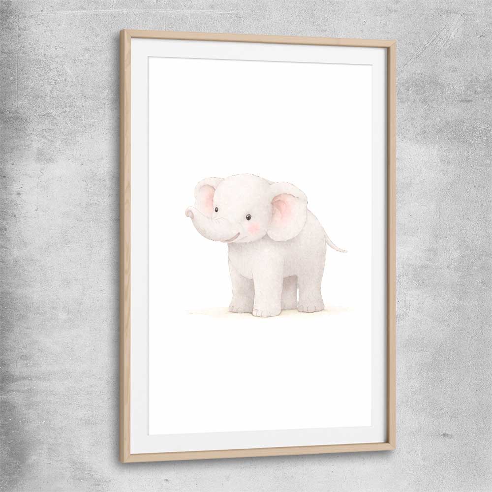 Little Elephant raw oak glass front frame is a nursery canvas wall art and print suited for childrens nursery arean