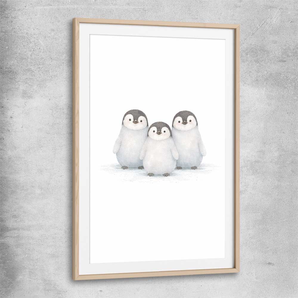 Little Penguin Trio raw oak glass front frame is a nursery canvas wall art and print suited for childrens nursery arean