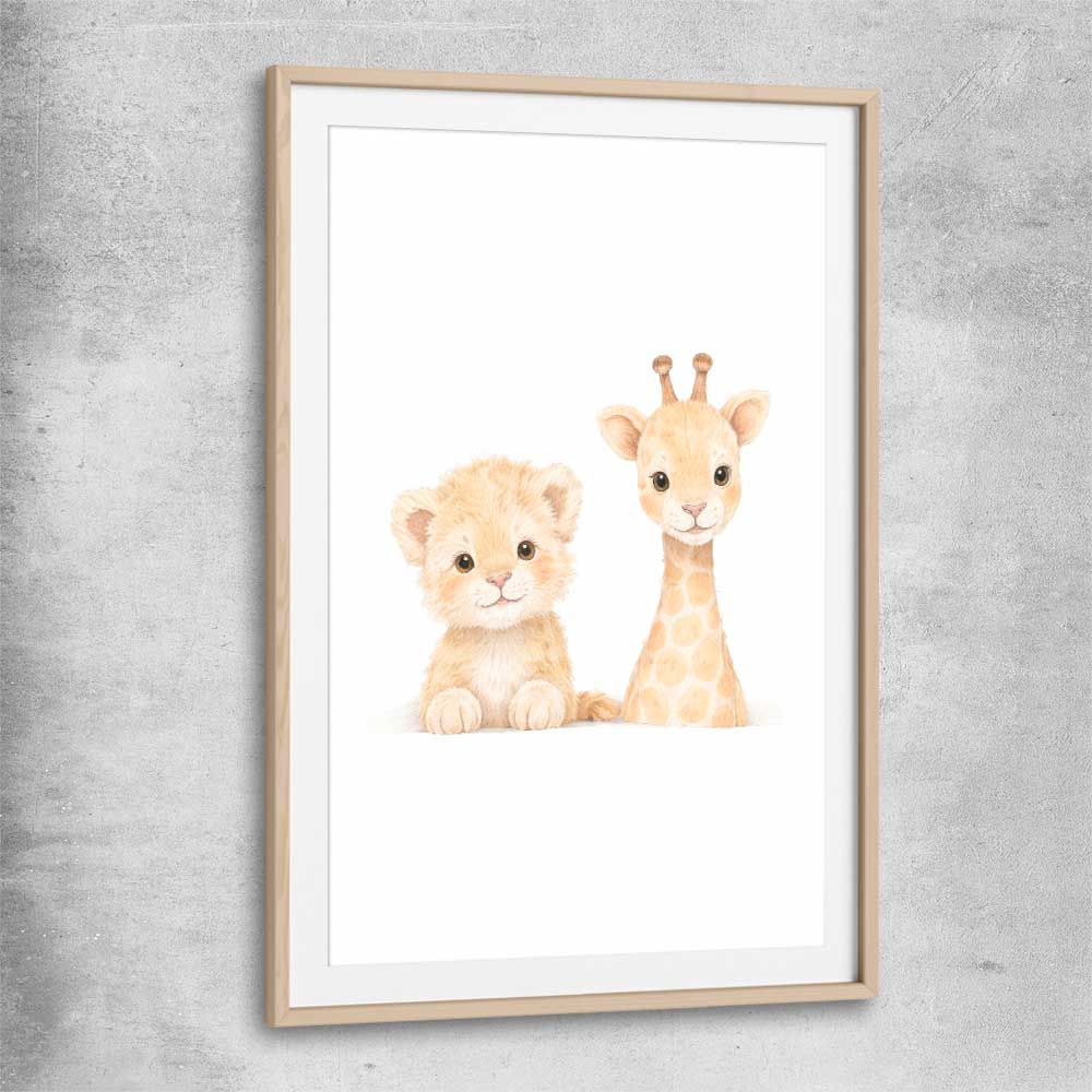Little Safari Friends raw oak glass front frame is a nursery canvas wall art and print suited for childrens nursery arean