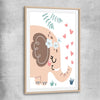 Loving Elephant raw oak glass front frame is a nursery canvas wall art and print suited for childrens nursery arean