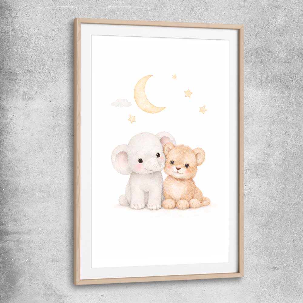 Moonlight Companions raw oak glass front frame is a nursery canvas wall art and print suited for childrens nursery arean