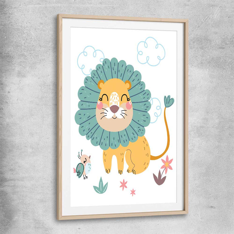 Safari Lion raw oak glass front frame is a nursery canvas wall art and print suited for childrens nursery arean