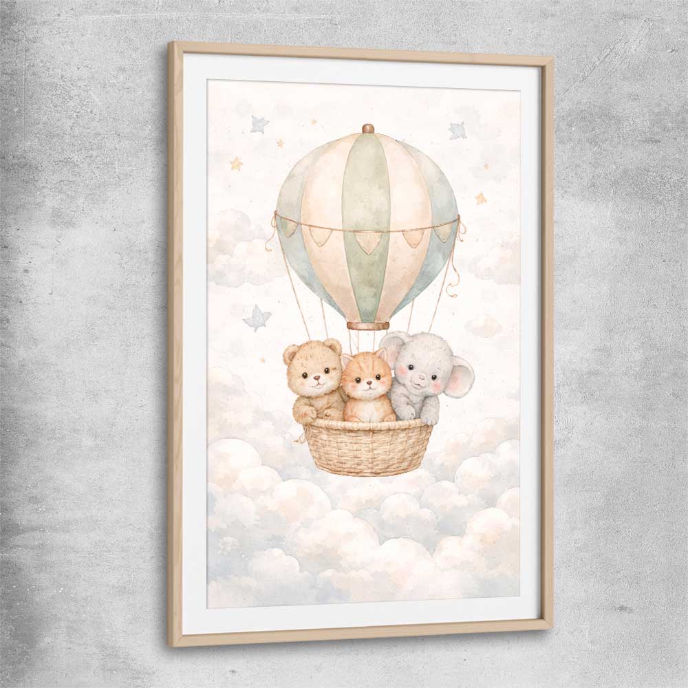 Soaring Animal Trio raw oak glass front frame is a nursery canvas wall art and print suited for childrens nursery arean