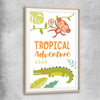Tropical Adventure raw oak glass front frame is a nursery canvas wall art and print suited for childrens nursery arean