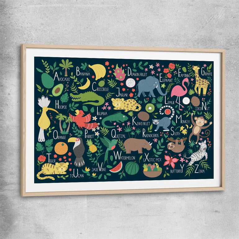 Tropical Alphabet raw oak glass front frame is a nursery canvas wall art and print suited for childrens nursery arean