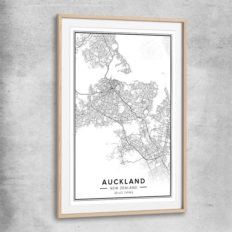 Auckland City raw oak glass front frame is a high quality print in our city skyline, travel prints and maps collection