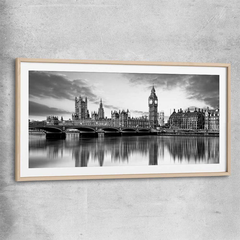 Big Ben London raw oak glass front frame is a high quality print in our city skyline, travel prints and maps collection