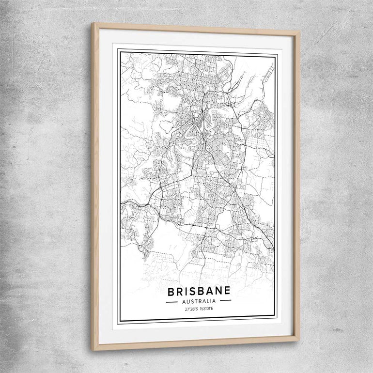 Brisbane City raw oak glass front frame is a high quality print in our city skyline, travel prints and maps collection
