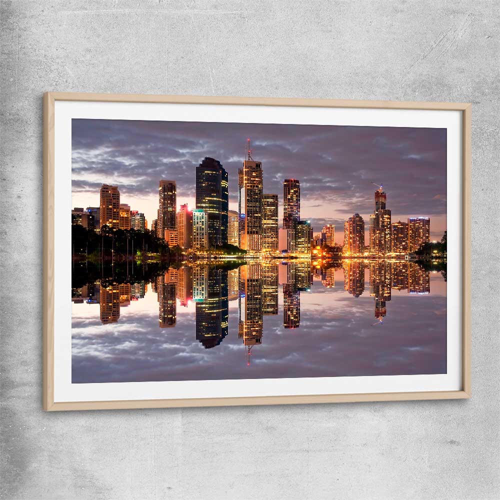 Brisbane City Reflections raw oak glass front frame is a high quality print in our city skyline, travel prints and maps collection