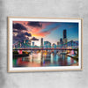 Brisbane Evening Sunset raw oak glass front frame is a high quality print in our city skyline, travel prints and maps collection