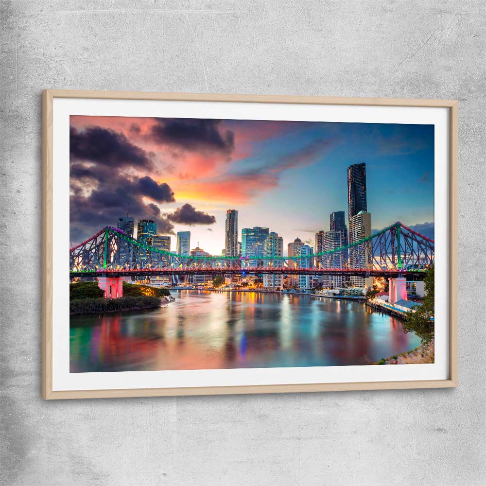Brisbane Evening Sunset raw oak glass front frame is a high quality print in our city skyline, travel prints and maps collection