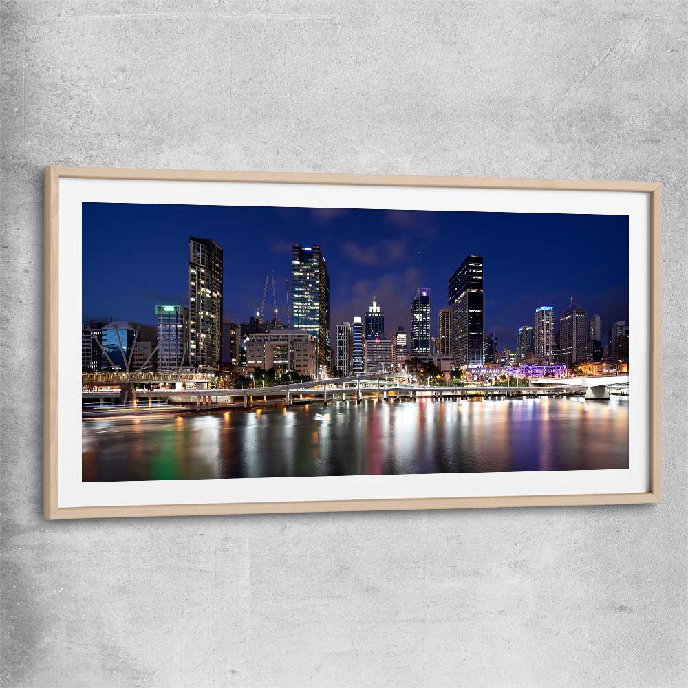 Brisbane Southbank Glow raw oak glass front frame is a high quality print in our city skyline, travel prints and maps collection