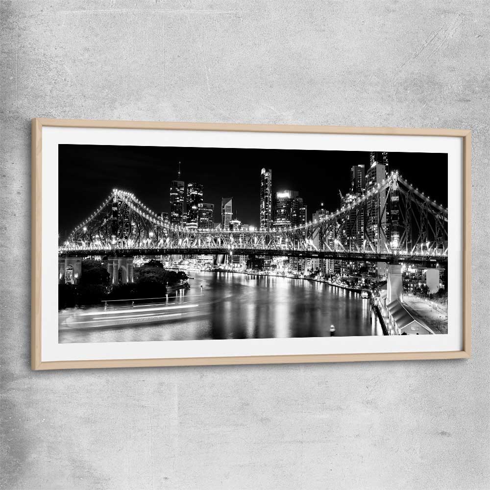 Brisbane Story Bridge raw oak glass front frame is a high quality print in our city skyline, travel prints and maps collection