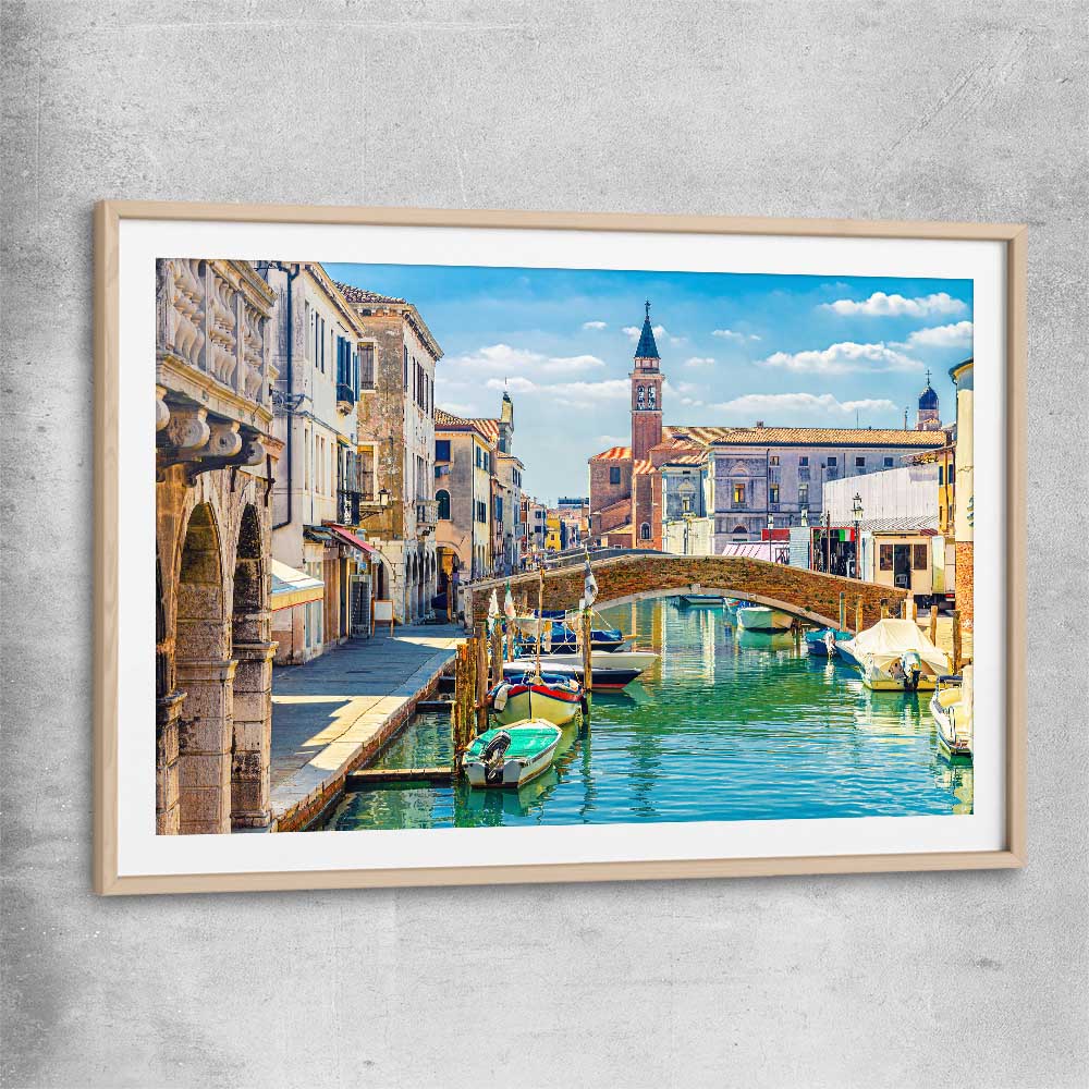 Chioggia Cityscape Italy raw oak glass front frame is a high quality print in our city skyline, travel prints and maps collection
