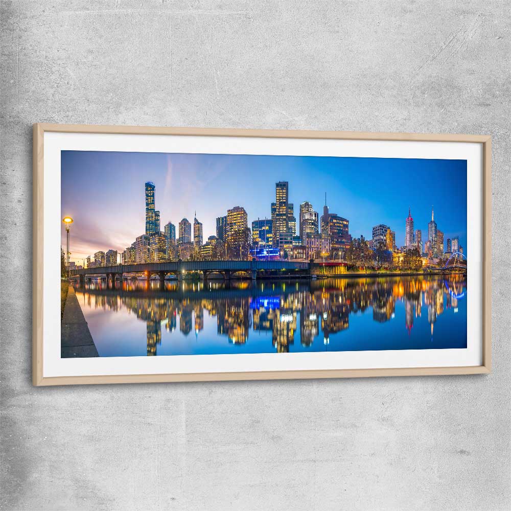 City Reflections Melbourne raw oak glass front frame is a high quality print in our city skyline, travel prints and maps collection