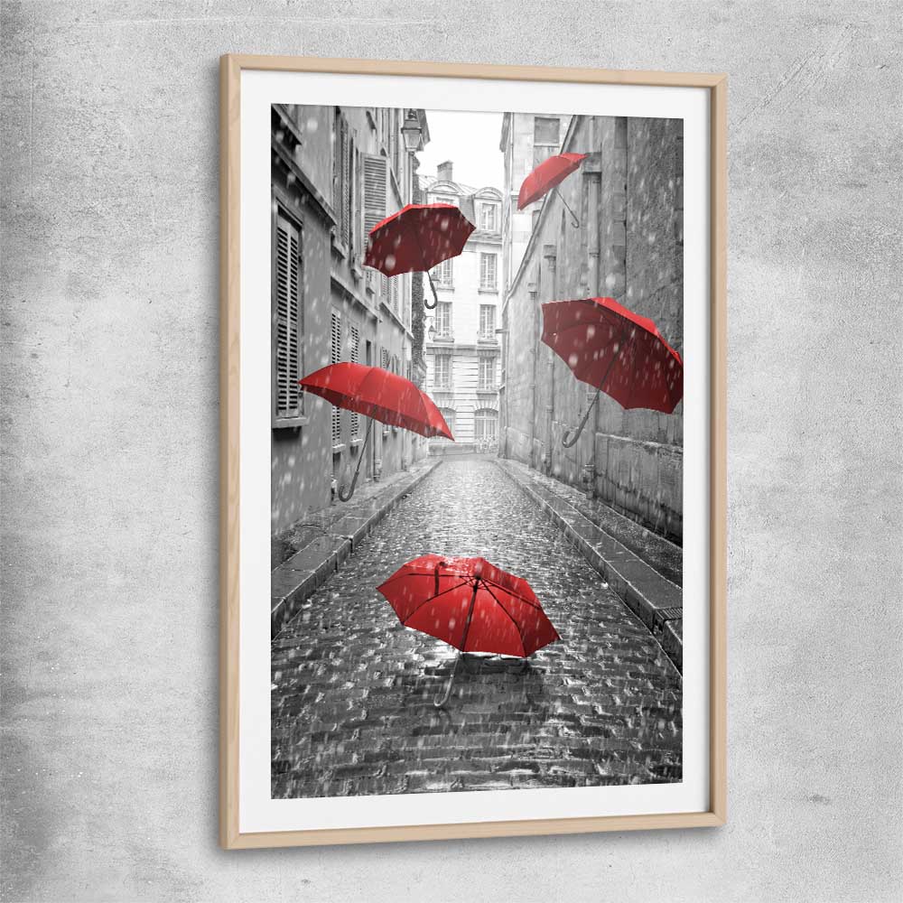 Flying Red Umbrellas raw oak glass front frame is a high quality print in our city skyline, travel prints and maps collection