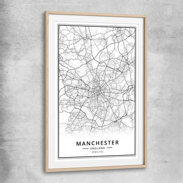 Greater Manchester raw oak glass front frame is a high quality print in our city skyline, travel prints and maps collection