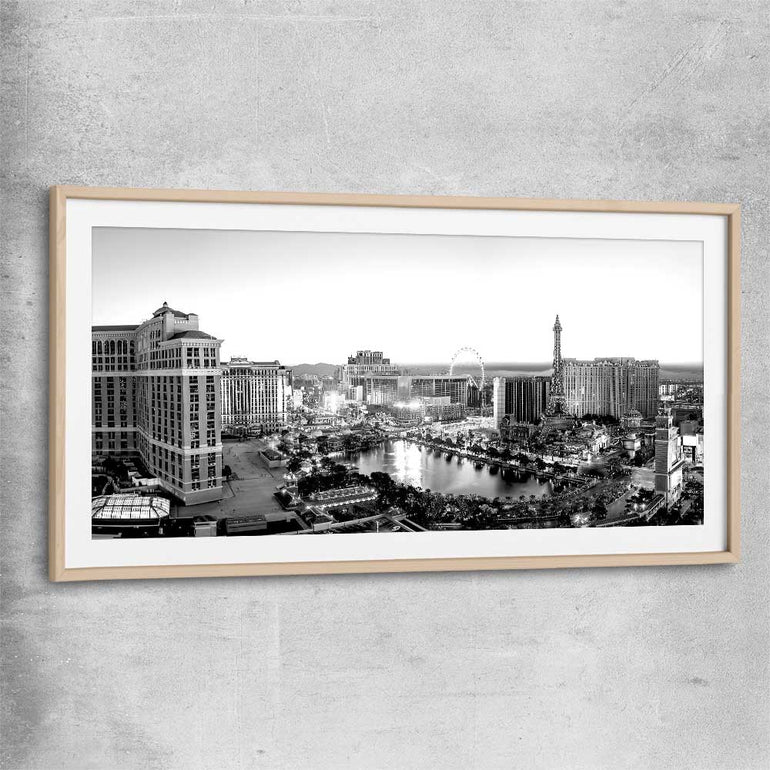 Las Vegas Lights raw oak glass front frame is a high quality print in our city skyline, travel prints and maps collection