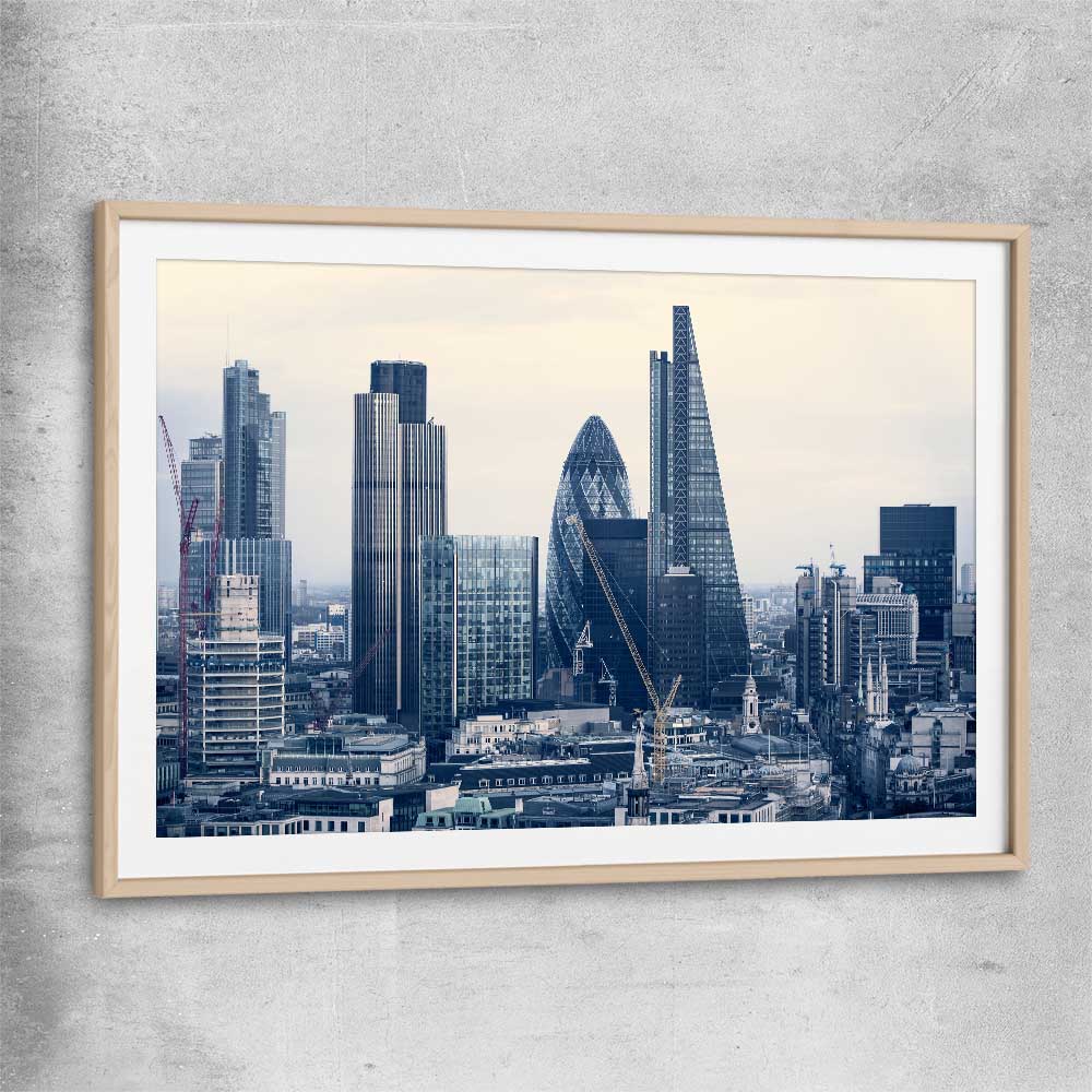 London Cityscape raw oak glass front frame is a high quality print in our city skyline, travel prints and maps collection