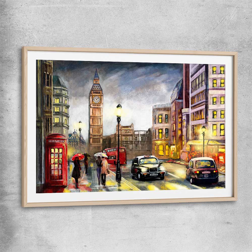 London Night Rain raw oak glass front frame is a high quality print in our city skyline, travel prints and maps collection