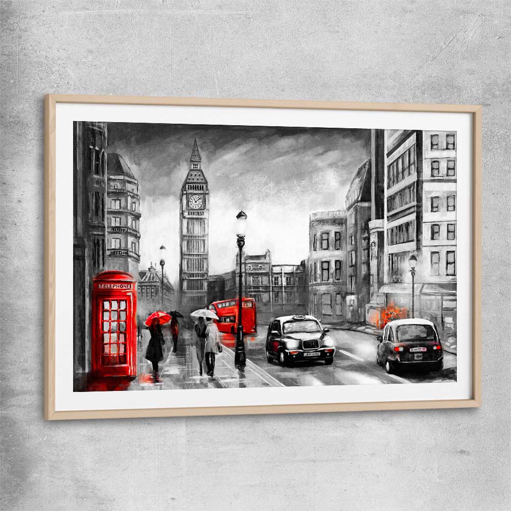 London Streetscape raw oak glass front frame is a high quality print in our city skyline, travel prints and maps collection