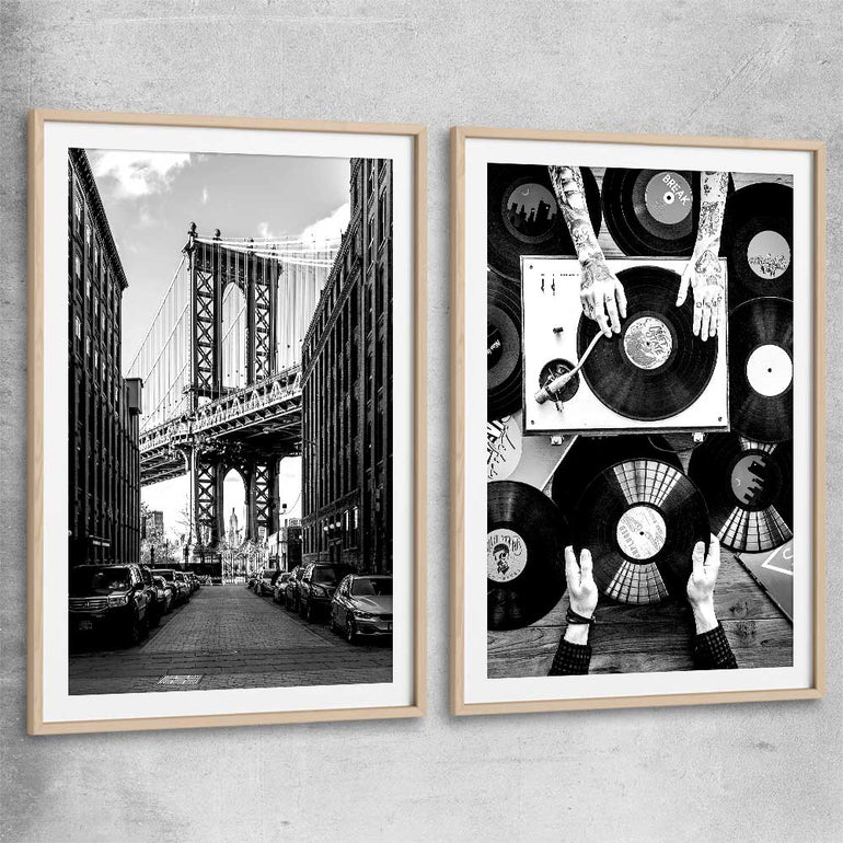 Manhattan Bridge Pair raw oak glass front frame is a high quality print in our city skyline, travel prints and maps collection