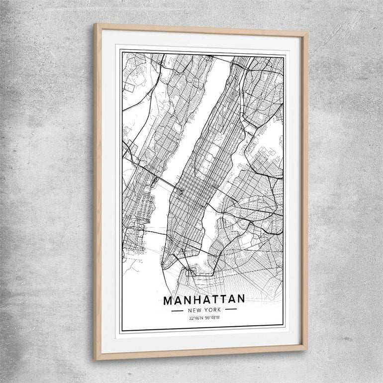 Manhattan City raw oak glass front frame is a high quality print in our city skyline, travel prints and maps collection